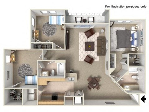 Floor plan for 3 beds, 2 baths, 1401 sqft